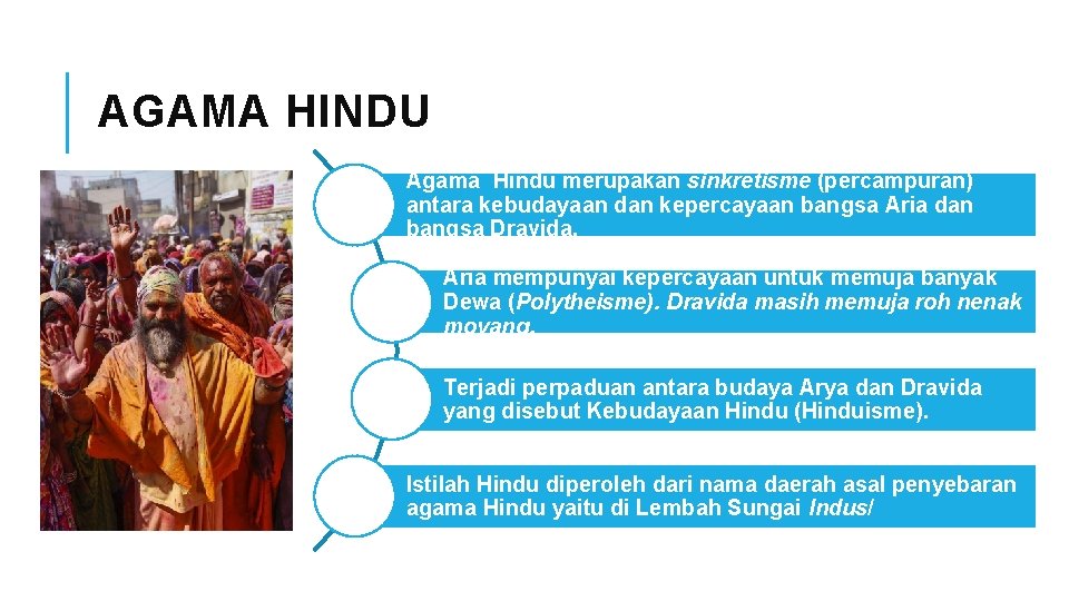 AGAMA HINDU Agama Hindu merupakan sinkretisme (percampuran) antara kebudayaan dan kepercayaan bangsa Aria dan