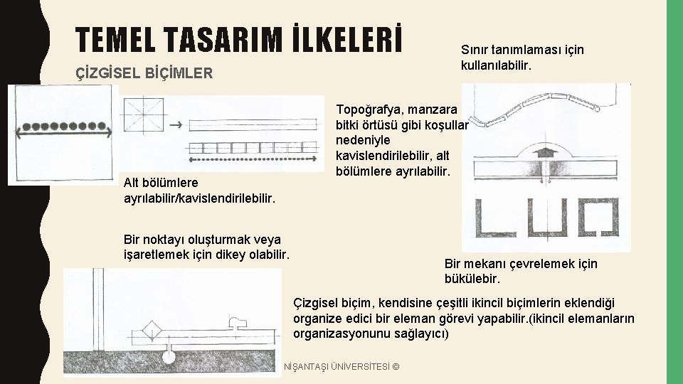 TEMEL TASARIM İLKELERİ ÇİZGİSEL BİÇİMLER Sınır tanımlaması için kullanılabilir. Topoğrafya, manzara bitki örtüsü gibi