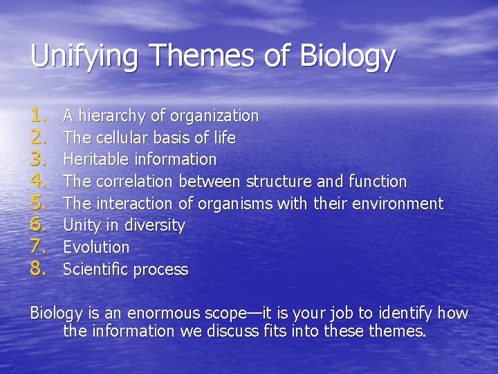 Unifying Themes of Biology 1. 2. 3. 4. 5. 6. 7. 8. A hierarchy