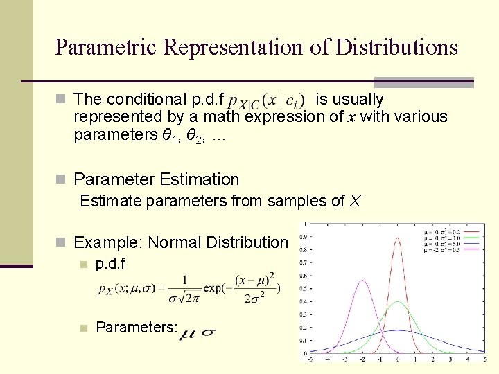 Parametric Representation of Distributions n The conditional p. d. f is usually represented by