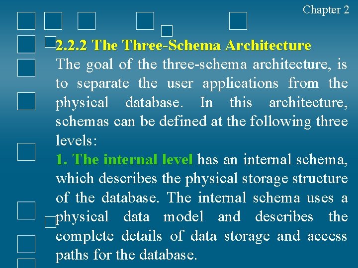 Chapter 2 2. 2. 2 The Three-Schema Architecture The goal of the three-schema architecture,