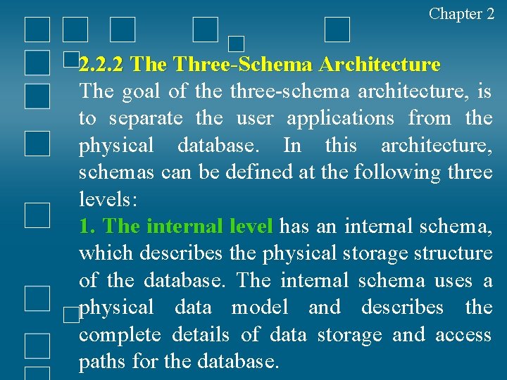 Chapter 2 2. 2. 2 The Three-Schema Architecture The goal of the three-schema architecture,