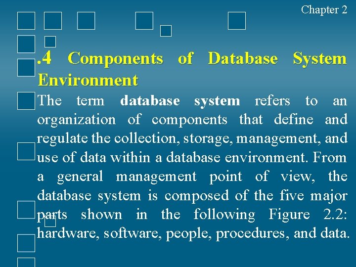 Chapter 2 . 4 Components of Database System Environment The term database system refers