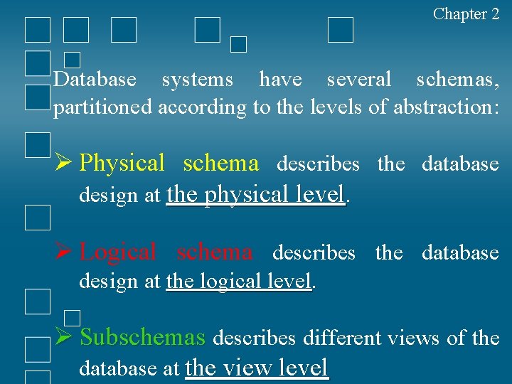 Chapter 2 Database systems have several schemas, partitioned according to the levels of abstraction: