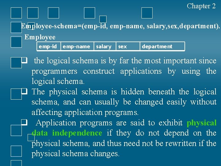 Chapter 2 Employee-schema=(emp-id, emp-name, salary, sex, department). Employee emp-id emp-name salary sex department q