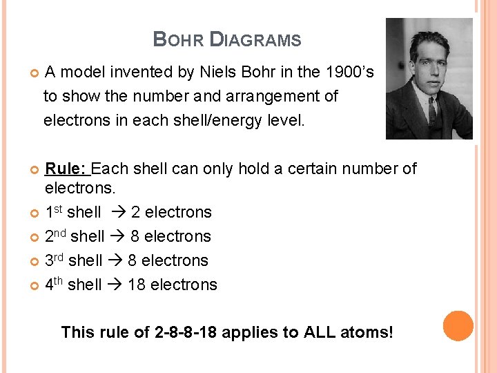 BOHR DIAGRAMS A model invented by Niels Bohr in the 1900’s to show the