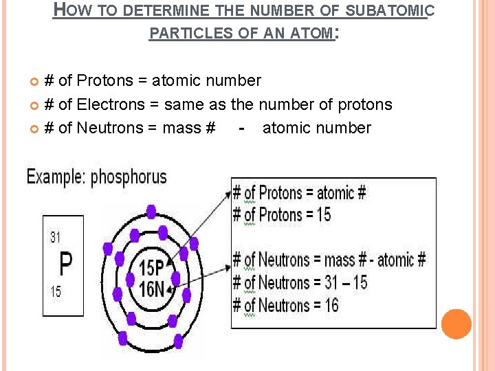 HOW TO DETERMINE THE NUMBER OF SUBATOMIC PARTICLES OF AN ATOM: # of Protons