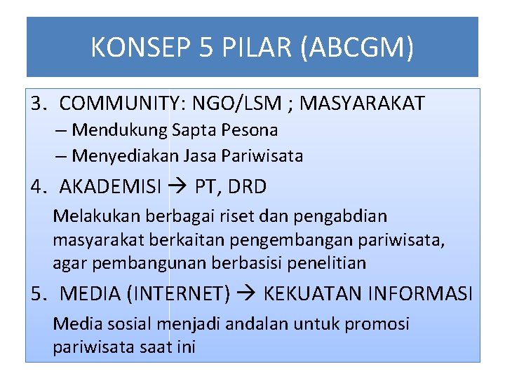 KONSEP 5 PILAR (ABCGM) 3. COMMUNITY: NGO/LSM ; MASYARAKAT – Mendukung Sapta Pesona –