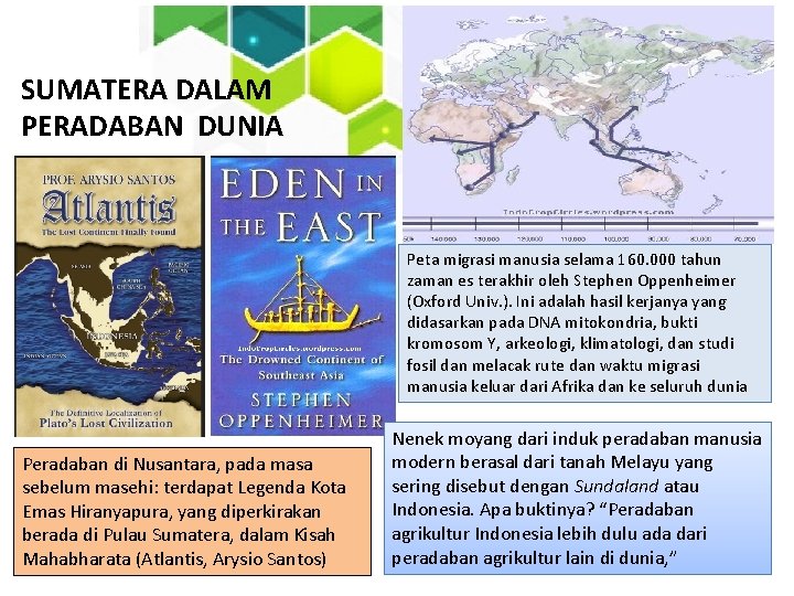 SUMATERA DALAM PERADABAN DUNIA Peta migrasi manusia selama 160. 000 tahun zaman es terakhir