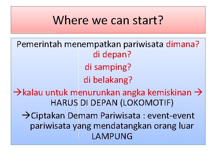 Where we can start? Pemerintah menempatkan pariwisata dimana? di depan? di samping? di belakang?