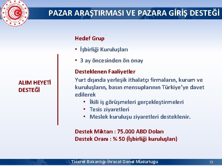 PAZAR ARAŞTIRMASI VE PAZARA GİRİŞ DESTEĞİ Hedef Grup • İşbirliği Kuruluşları • 3 ay