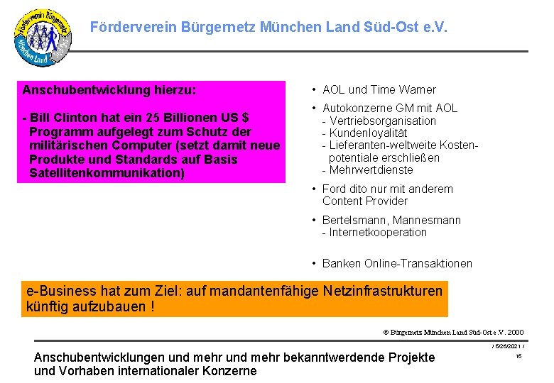 Förderverein Bürgernetz München Land Süd-Ost e. V. Anschubentwicklung hierzu: • AOL und Time Warner