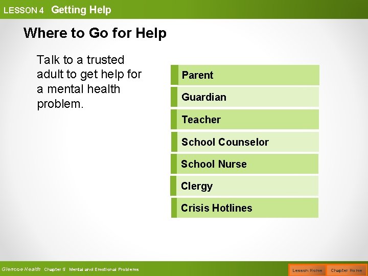LESSON 4 Getting Help Where to Go for Help Talk to a trusted adult