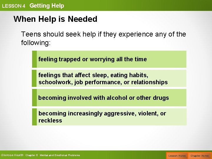 LESSON 4 Getting Help When Help is Needed Teens should seek help if they