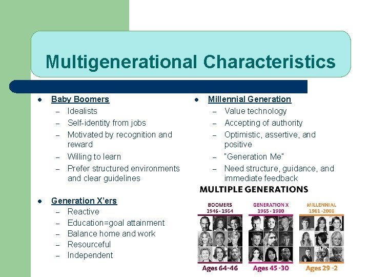 Multigenerational Characteristics l Baby Boomers – Idealists – Self-identity from jobs – Motivated by