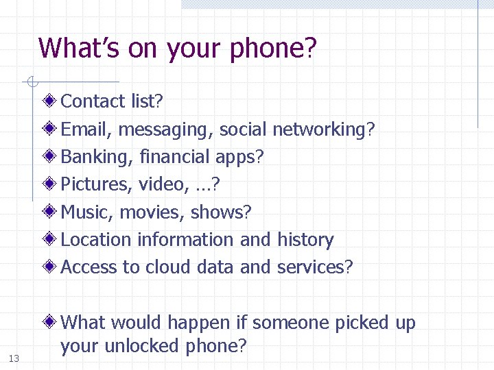 What’s on your phone? Contact list? Email, messaging, social networking? Banking, financial apps? Pictures,