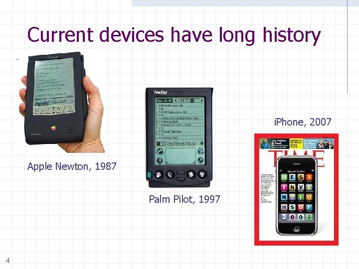 Current devices have long history i. Phone, 2007 Apple Newton, 1987 Palm Pilot, 1997
