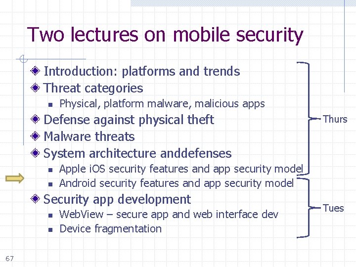 Two lectures on mobile security Introduction: platforms and trends Threat categories n Physical, platform