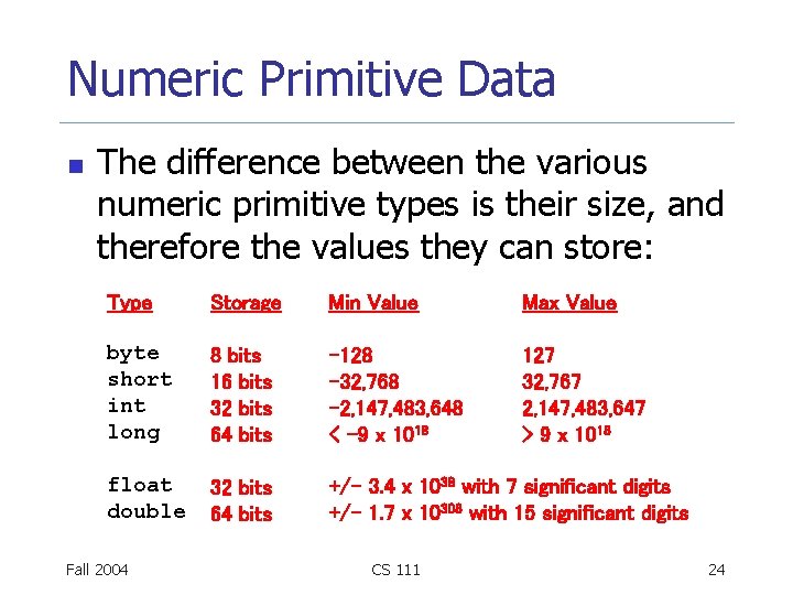 Numeric Primitive Data n The difference between the various numeric primitive types is their