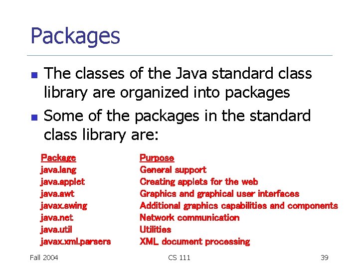 Packages n n The classes of the Java standard class library are organized into