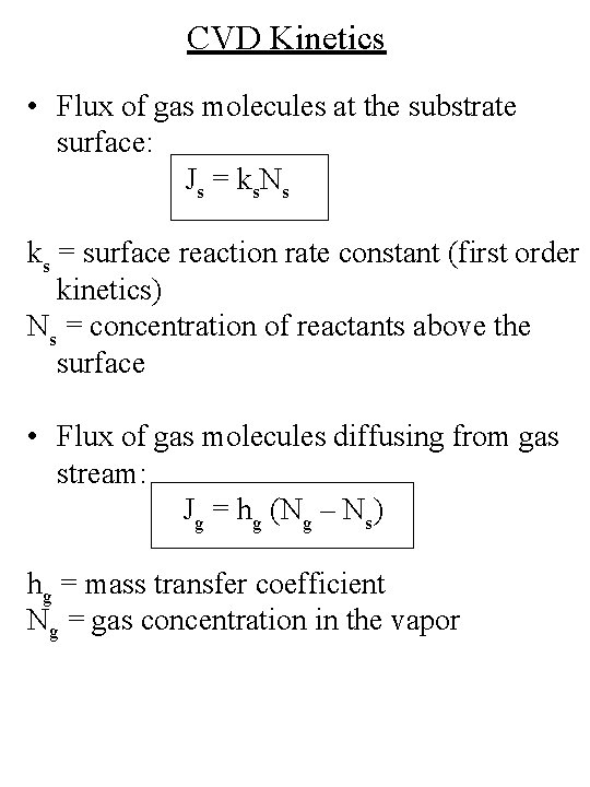 CVD Kinetics • Flux of gas molecules at the substrate surface: Js = ks.