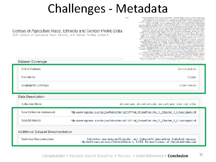 Challenges - Metadata Introduction Related Work Baseline Results Joint Inference Conclusion 31 