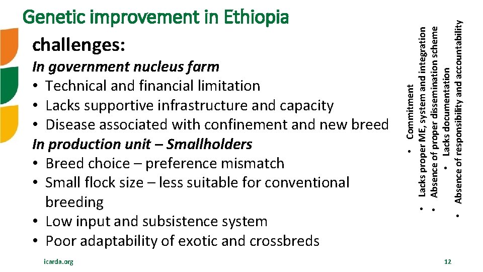 In government nucleus farm • Technical and financial limitation • Lacks supportive infrastructure and