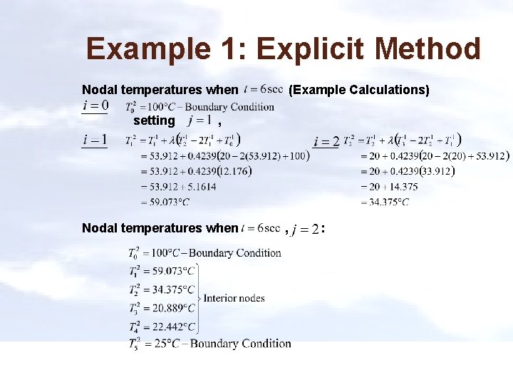 Example 1: Explicit Method Nodal temperatures when setting (Example Calculations) , Nodal temperatures when