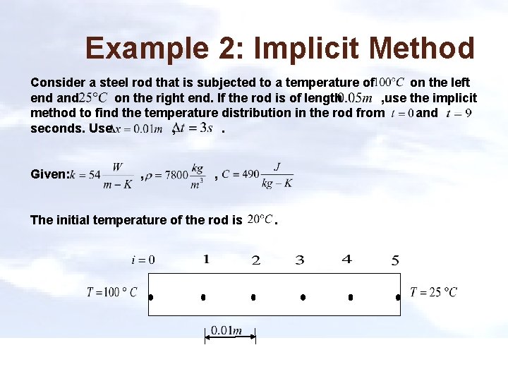 Example 2: Implicit Method Consider a steel rod that is subjected to a temperature