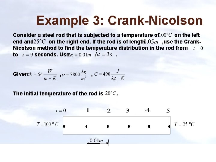 Example 3: Crank-Nicolson Consider a steel rod that is subjected to a temperature of