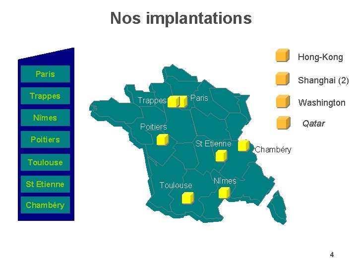 Nos implantations Hong-Kong Paris Trappes Shanghai (2) Trappes Paris Washington Nîmes Qatar Poitiers St