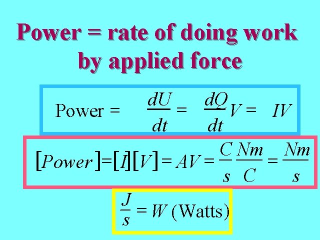 Power = rate of doing work by applied force d. U = d. Q