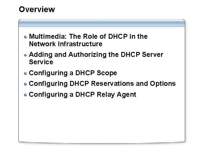 Overview Multimedia: The Role of DHCP in the Network Infrastructure Adding and Authorizing the