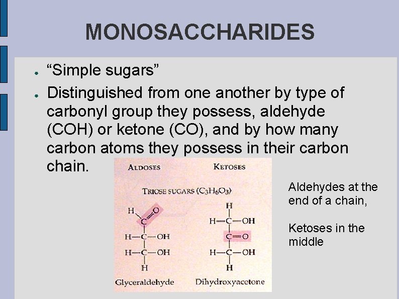 MONOSACCHARIDES ● ● “Simple sugars” Distinguished from one another by type of carbonyl group