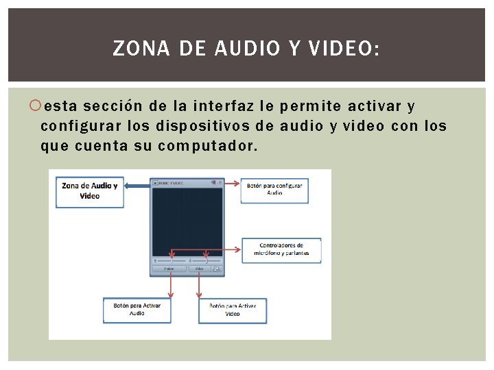 ZONA DE AUDIO Y VIDEO: esta sección de la interfaz le permite activar y