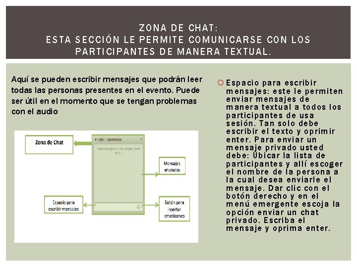 ZONA DE CHAT: E STA SE CCIÓN LE PERMITE COMUNICARSE CON LO S PARTICIPA