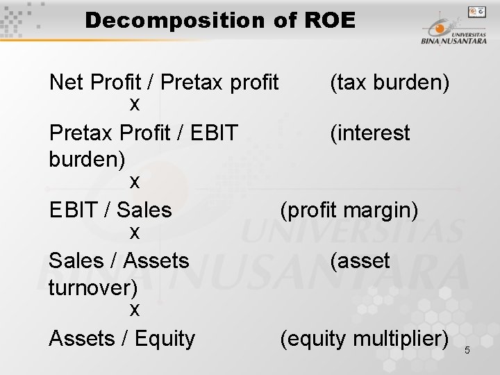 Decomposition of ROE Net Profit / Pretax profit (tax burden) x Pretax Profit / Decomposition of ROE Net Profit / Pretax profit (tax burden) x Pretax Profit /