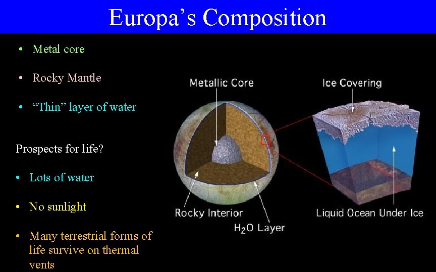 Europa’s Composition • Metal core • Rocky Mantle • “Thin” layer of water Prospects