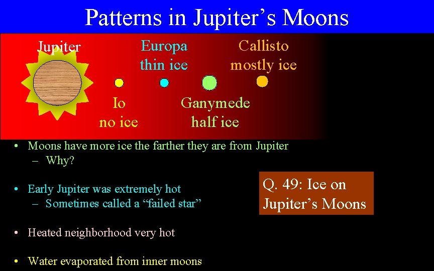 Patterns in Jupiter’s Moons Europa thin ice Jupiter Io no ice Callisto mostly ice