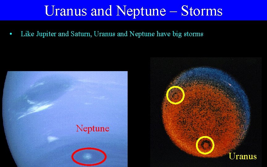 Uranus and Neptune – Storms • Like Jupiter and Saturn, Uranus and Neptune have