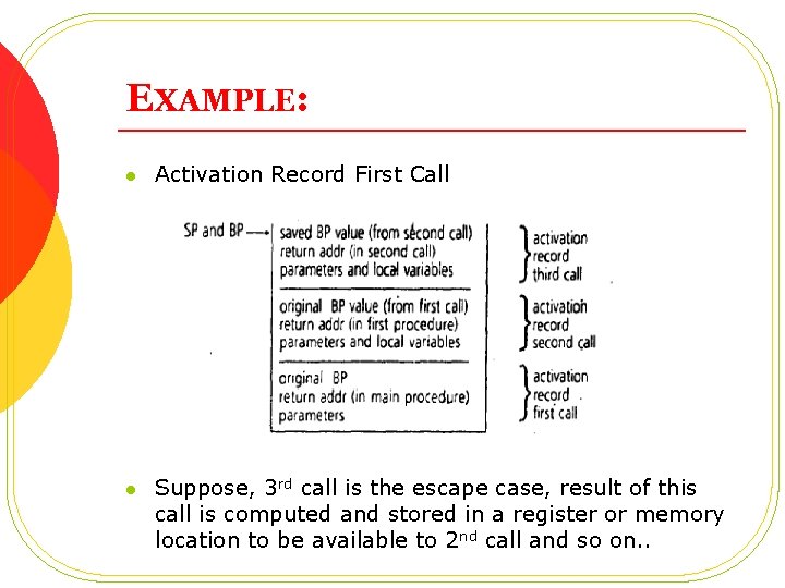 EXAMPLE: l Activation Record First Call l Suppose, 3 rd call is the escape