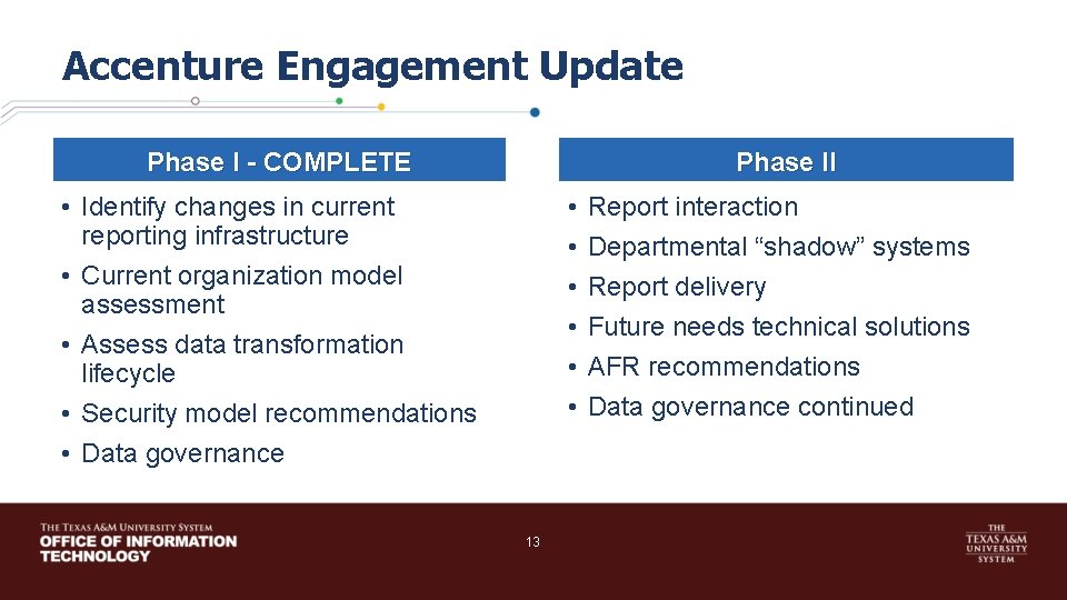 Accenture Engagement Update Phase I - COMPLETE Phase II • Identify changes in current