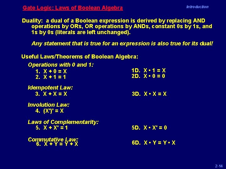 Gate Logic: Laws of Boolean Algebra Introduction Duality: a dual of a Boolean expression