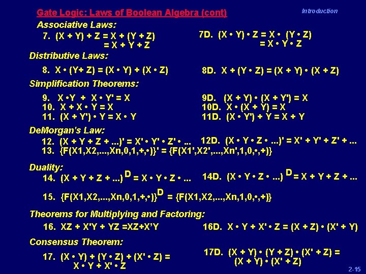 Introduction Gate Logic: Laws of Boolean Algebra (cont) Associative Laws: 7 D. (X •