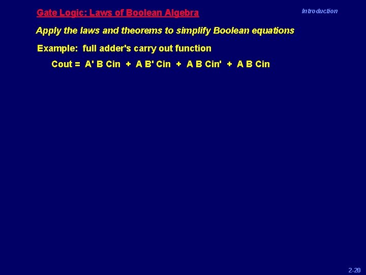 Gate Logic: Laws of Boolean Algebra Introduction Apply the laws and theorems to simplify