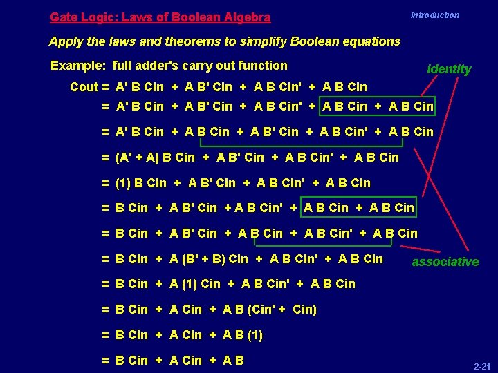 Gate Logic: Laws of Boolean Algebra Introduction Apply the laws and theorems to simplify