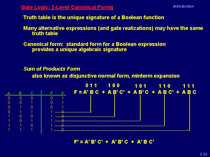 Gate Logic: 2 -Level Canonical Forms Introduction Truth table is the unique signature of