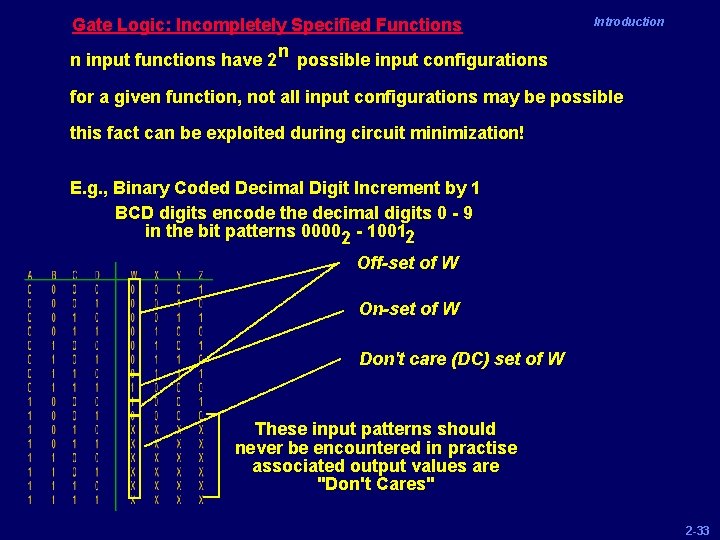 Gate Logic: Incompletely Specified Functions n n input functions have 2 possible input configurations