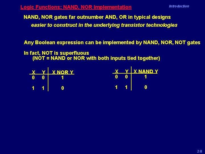 Logic Functions: NAND, NOR Implementation Introduction NAND, NOR gates far outnumber AND, OR in