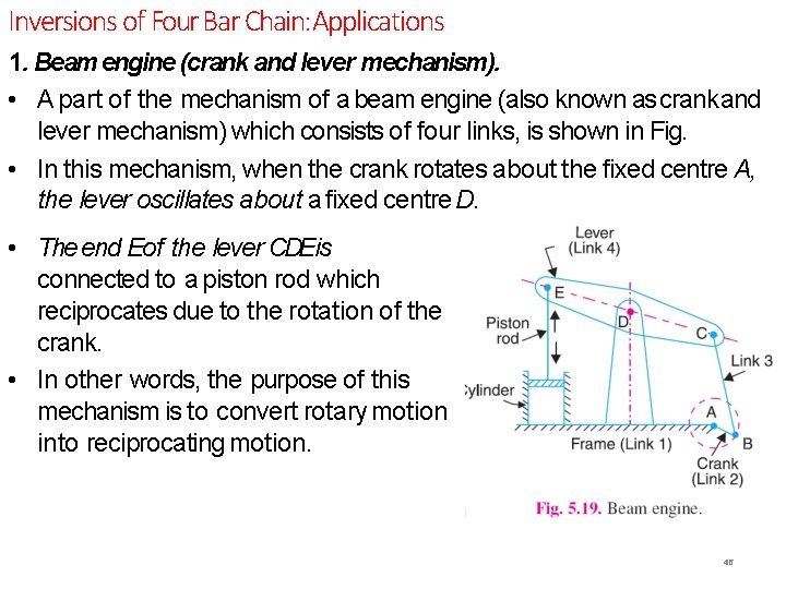 Inversions of Four Bar Chain: Applications 1. Beam engine (crank and lever mechanism). •
